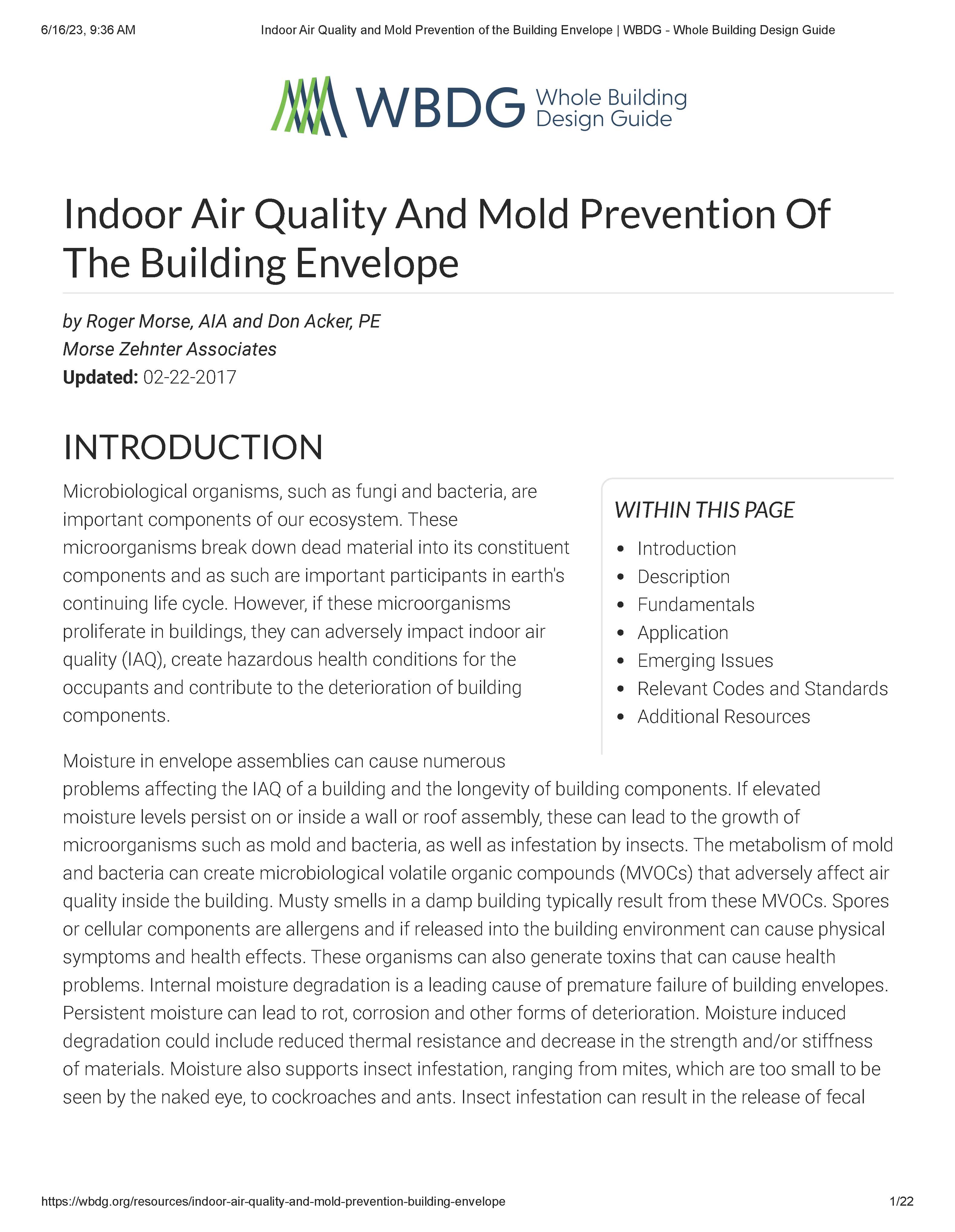 Indoor Air Quality and Mold Prevention of the Building Envelope